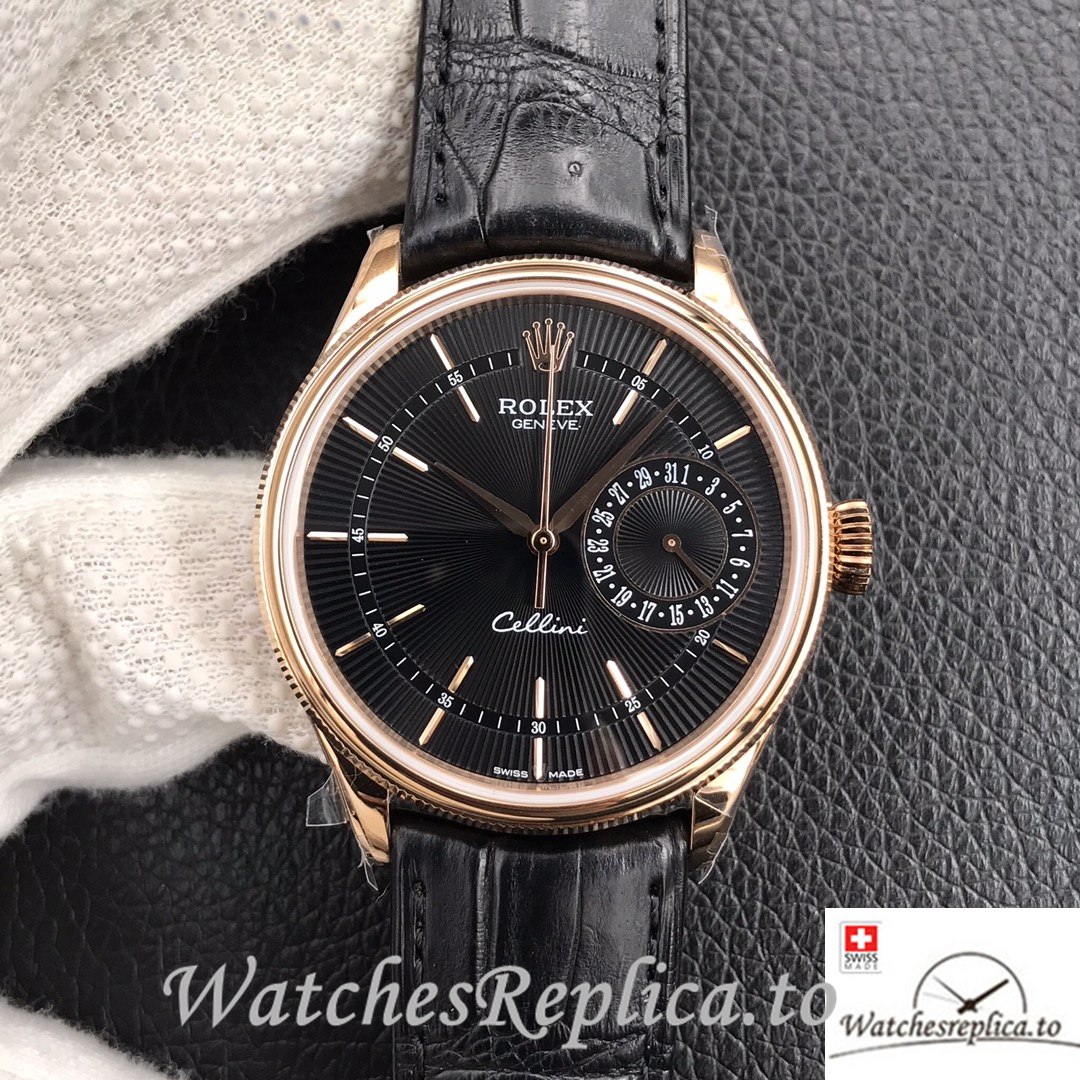 Swiss Rolex Cellini Replica Leather strap 39MM Black Dial Rose Gold - WatchesReplica.is