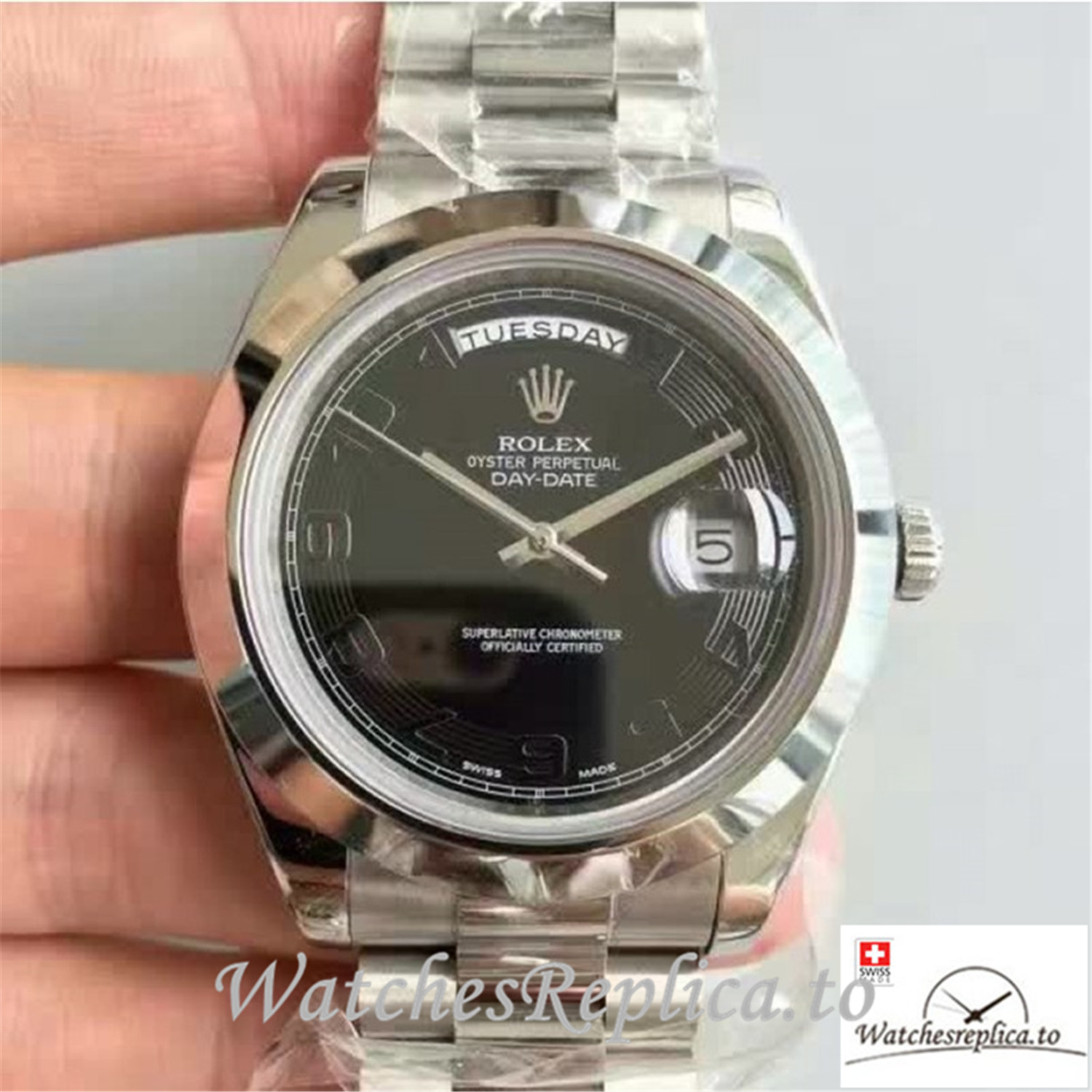 Swiss Rolex Day Date Replica 218206 Stainless Steel Bezel 41MM - WatchesReplica.is