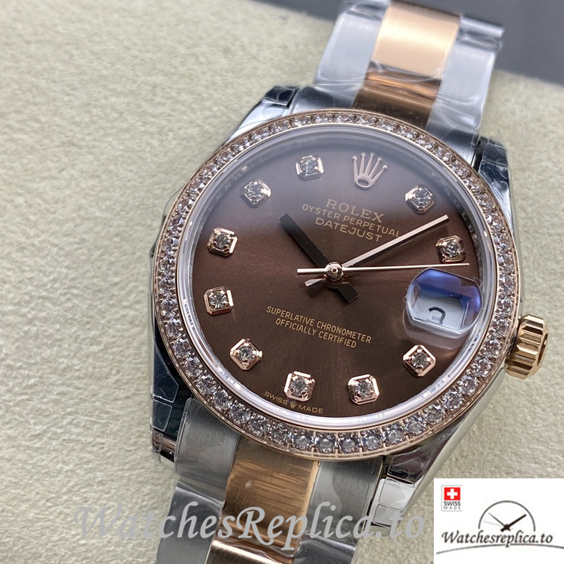 Swiss Rolex Datejust Replica Stainless steel strap 31MM Brown Dial Diamonds - WatchesReplica.is