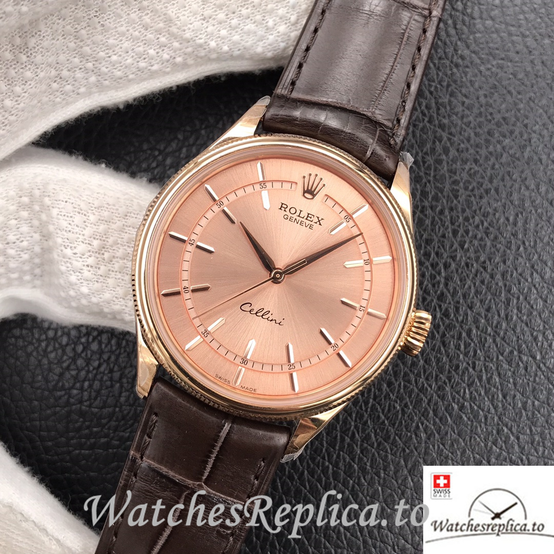Swiss Rolex Cellini Replica Brown Leather strap 39MM Pink Dial - WatchesReplica.is