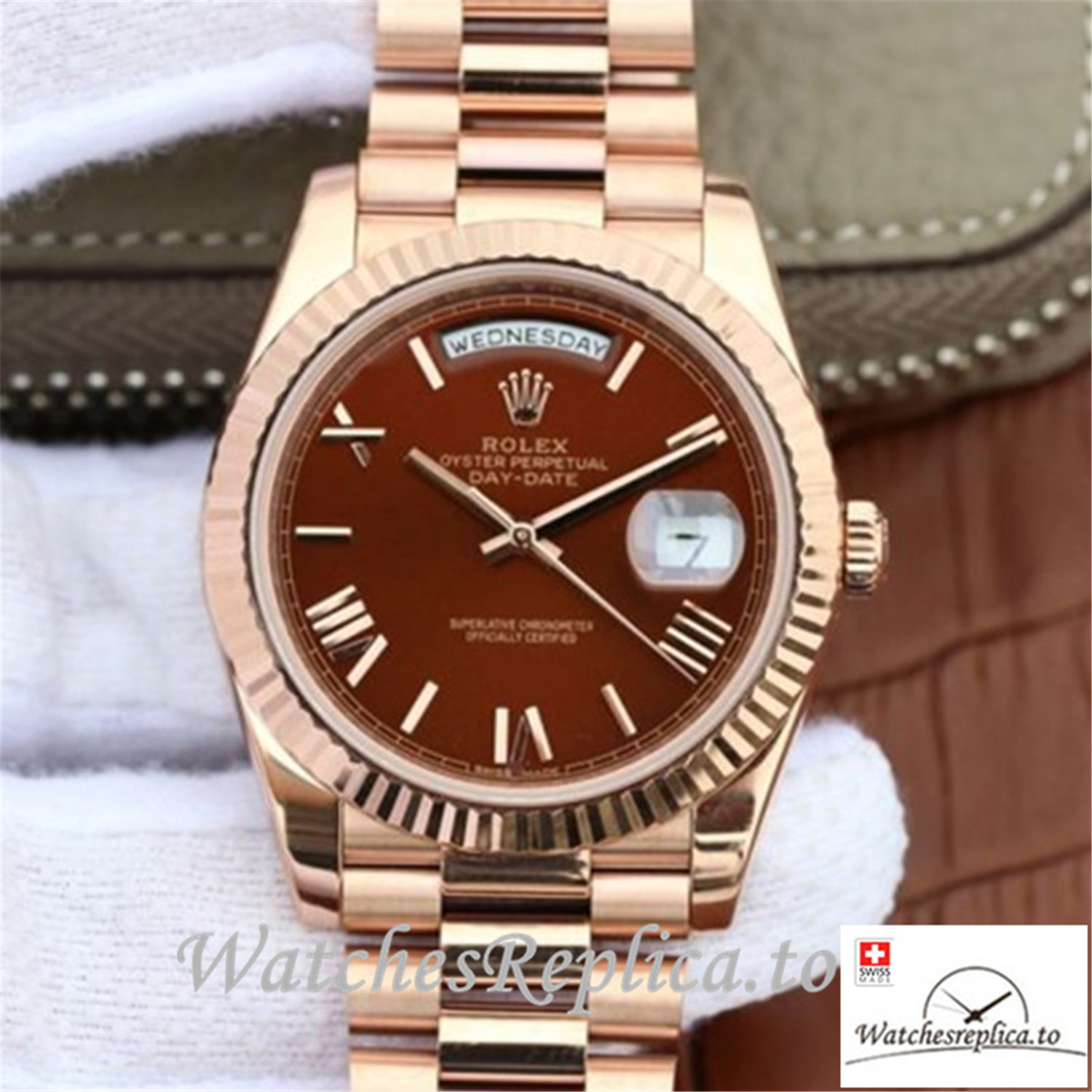 Swiss Rolex Day Date Replica 228235 004 Rose Gold Strap 41MM - WatchesReplica.is
