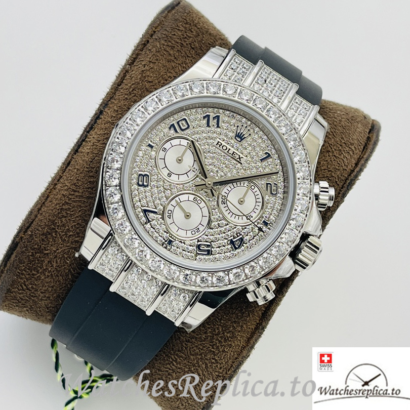 Swiss Rolex Daytona Replica 116599 Rubber strap 40MM Diamonds Dial Blue Numbers - WatchesReplica.is