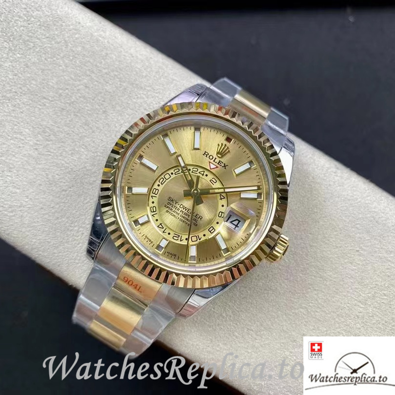 Swiss Rolex Sky Dweller Replica Stainless steel strap 42MM Gold Dial - WatchesReplica.is