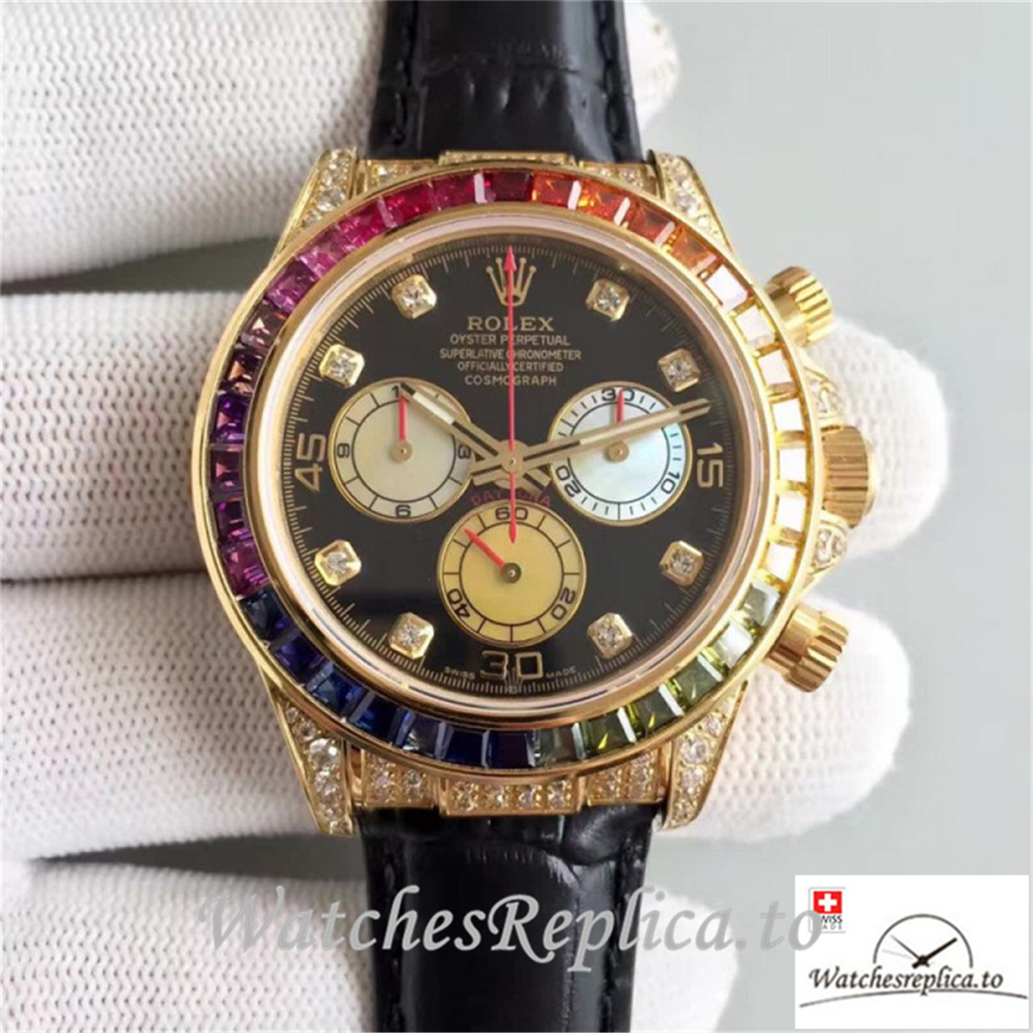Swiss Rolex Daytona Cosmograph Replica 116598 Rainbow Diamonds Bezel 40MM - WatchesReplica.is