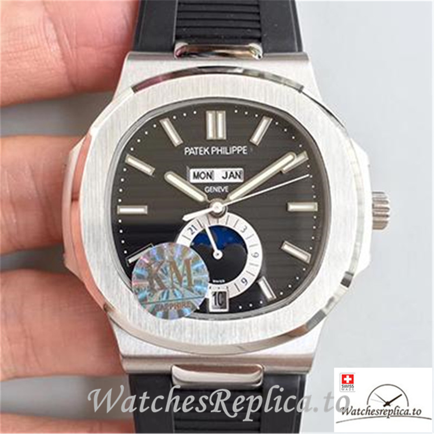 Swiss Patek Philippe Nautilus Annual Calendar Moonphas Replica 5726A Black Strap 40.5MM - WatchesReplica.is