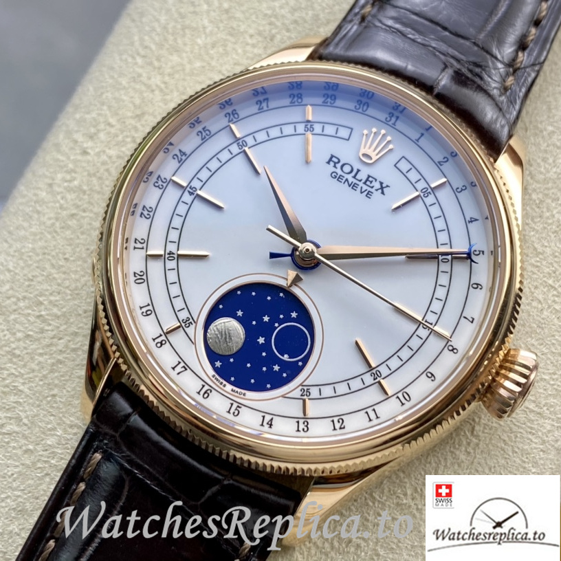 Swiss Rolex Cellini Replica Brown Leather strap 39MM Black Dial Yellow Gold Case - WatchesReplica.is