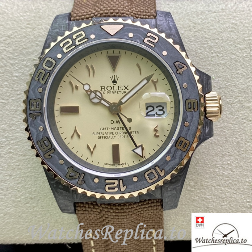 Swiss Rolex GMT Master Replica Brown Canvas strap 40MM Yellow Dial - WatchesReplica.is