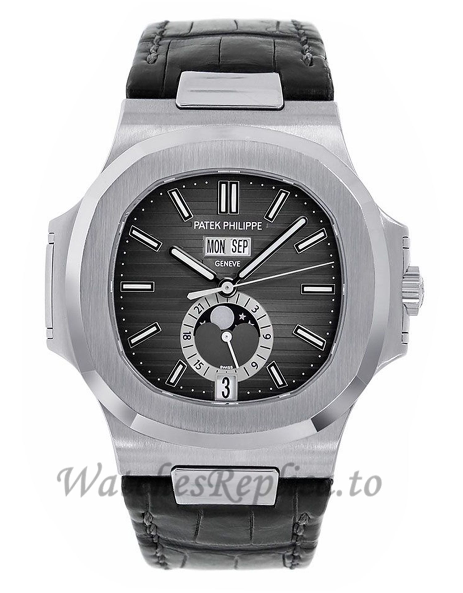 Patek Philippe Replica Nautilus Moon Phase Stainless-Steel 40MM Watch 5726A001 - WatchesReplica.is