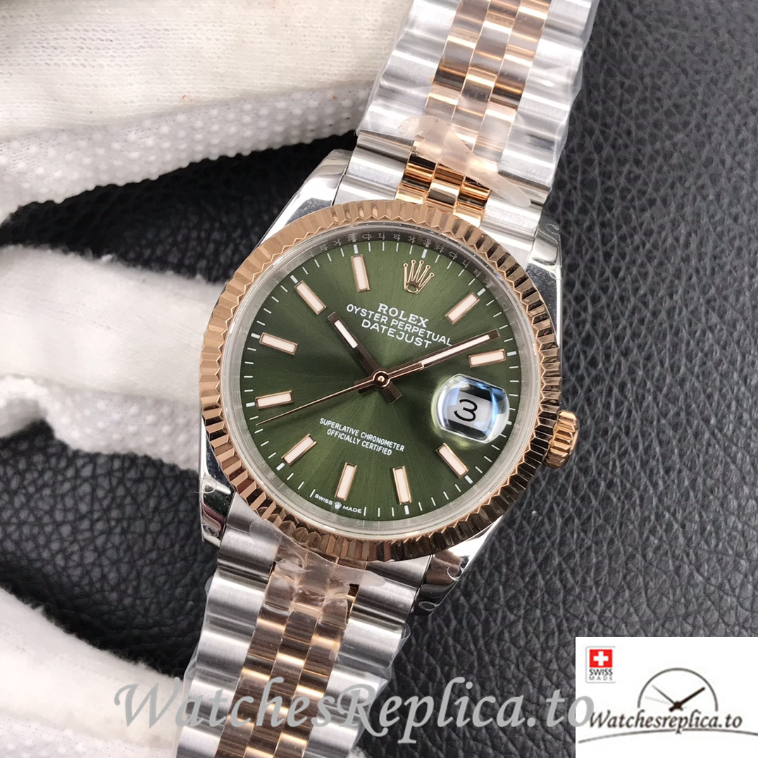 Swiss Rolex Datejust Replica Stainless steel strap 36MM Rose Gold Green Dial - WatchesReplica.is