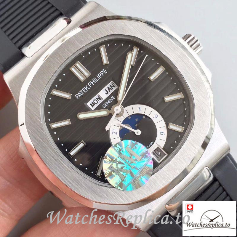 Swiss Patek Philippe Nautilus Annual Calendar Moonphas Replica 5726A Black Strap 40.5MM - WatchesReplica.is