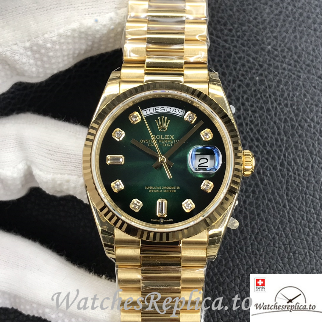 Swiss Rolex Day Date Replica 128238 Yellow Gold strap 36MM Green Dial - WatchesReplica.is