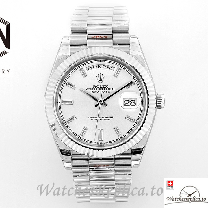 Swiss Rolex Day Date Replica Stainless steel strap 40MM White Dial Diamonds Marks - WatchesReplica.is