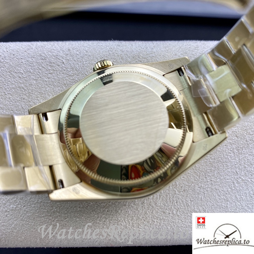Swiss Rolex Day Date Replica Yellow Gold strap 36MM Black Dial - WatchesReplica.is