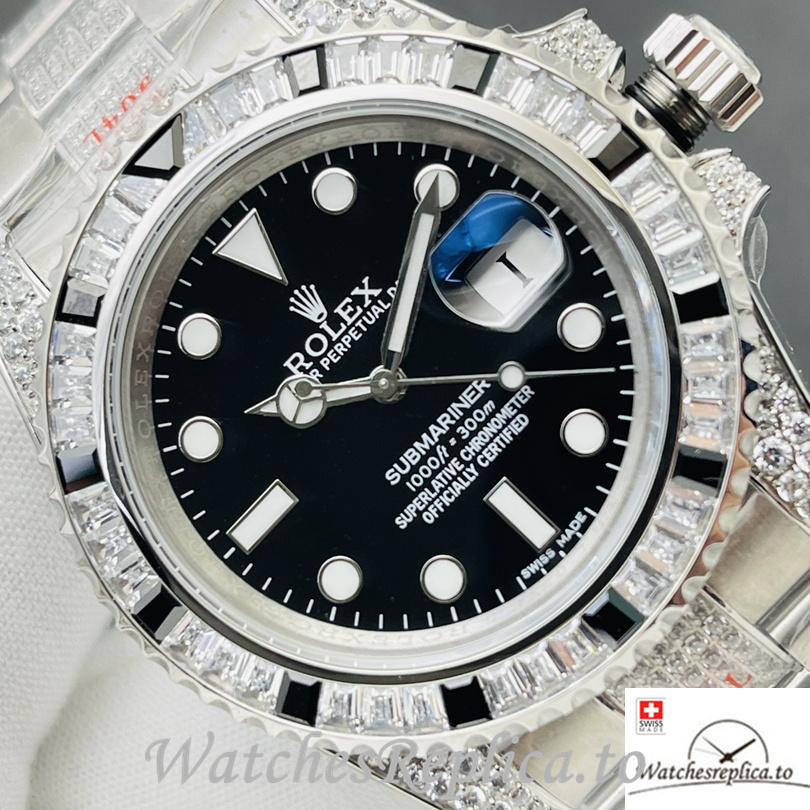 Swiss Rolex Submariner Replica Stainless steel strap 40MM Black Dial Diamonds Case - WatchesReplica.is