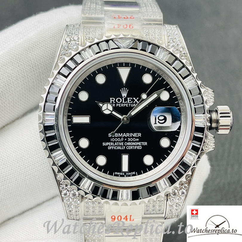 Swiss Rolex Submariner Replica Stainless steel strap 40MM Black Dial Diamonds - WatchesReplica.is