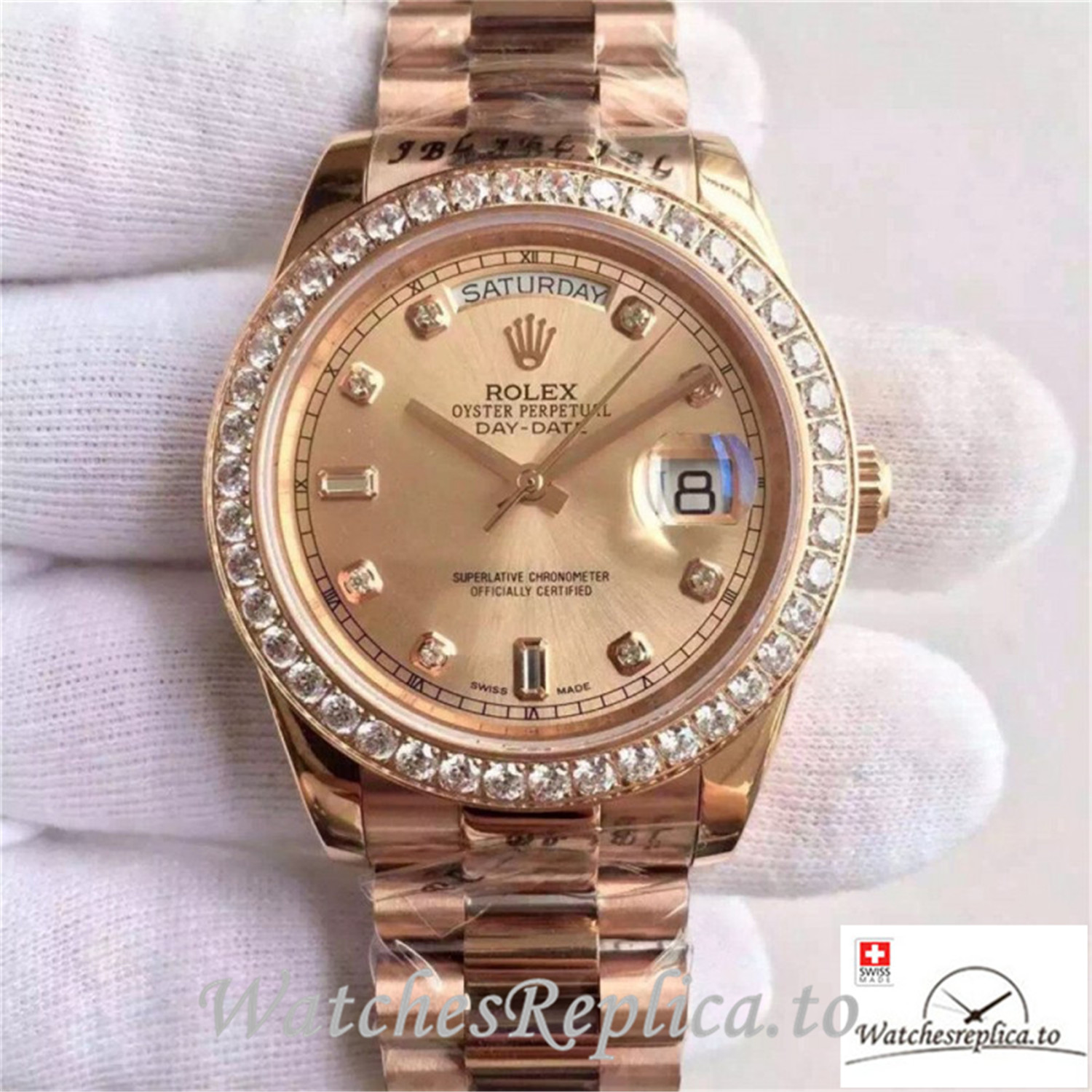 Swiss Rolex Day Date Replica 218235 001 Diamonds Bezel 41MM - WatchesReplica.is