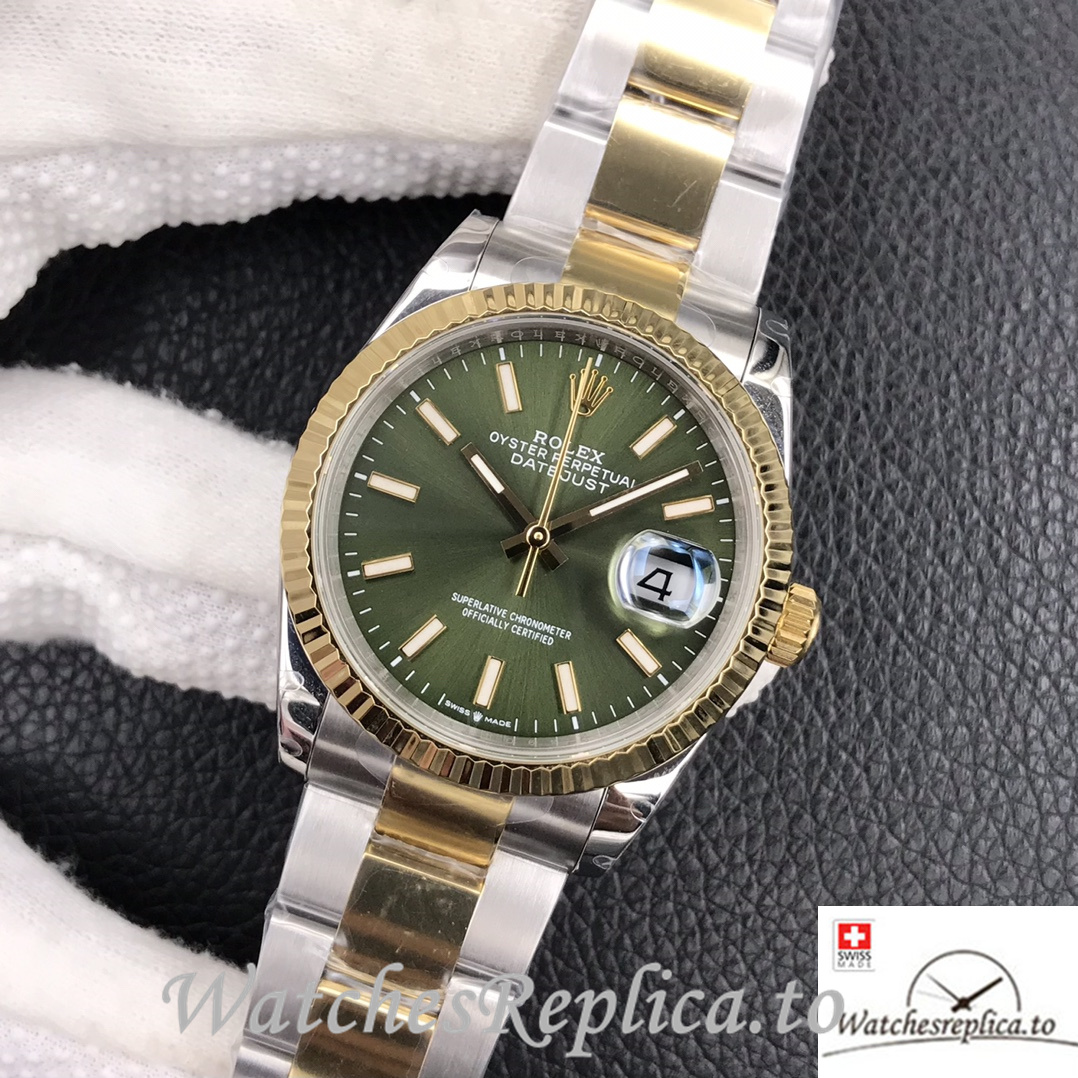 Swiss Rolex Datejust Replica Stainless steel strap 36MM Yellow Gold Green Dial Sticks Marks - WatchesReplica.is
