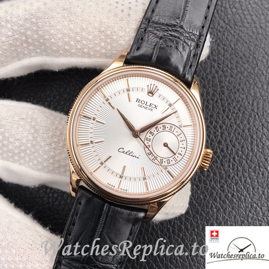 Swiss Rolex Cellini Replica Black Leather strap 39MM Silver Dial Rose Gold - WatchesReplica.is