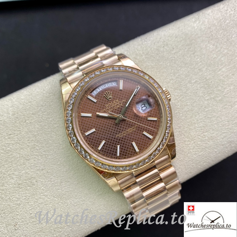 Swiss Rolex Day Date Replica Rose Gold strap 40MM Brown Dial Sticks Marks - WatchesReplica.is