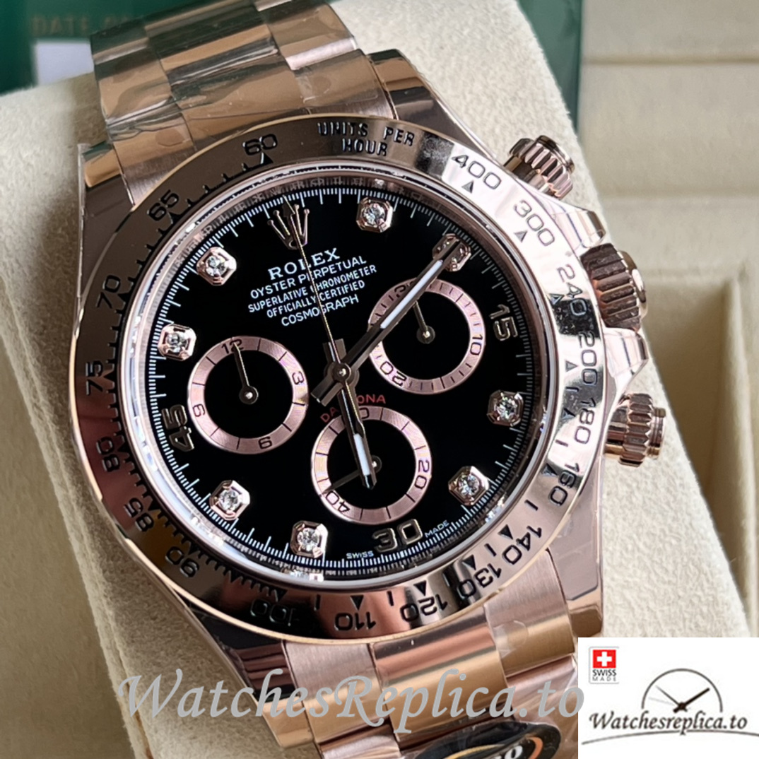 Swiss Rolex Daytona Replica Rose Gold strap 40MM Black Dial Diamonds Marks - WatchesReplica.is