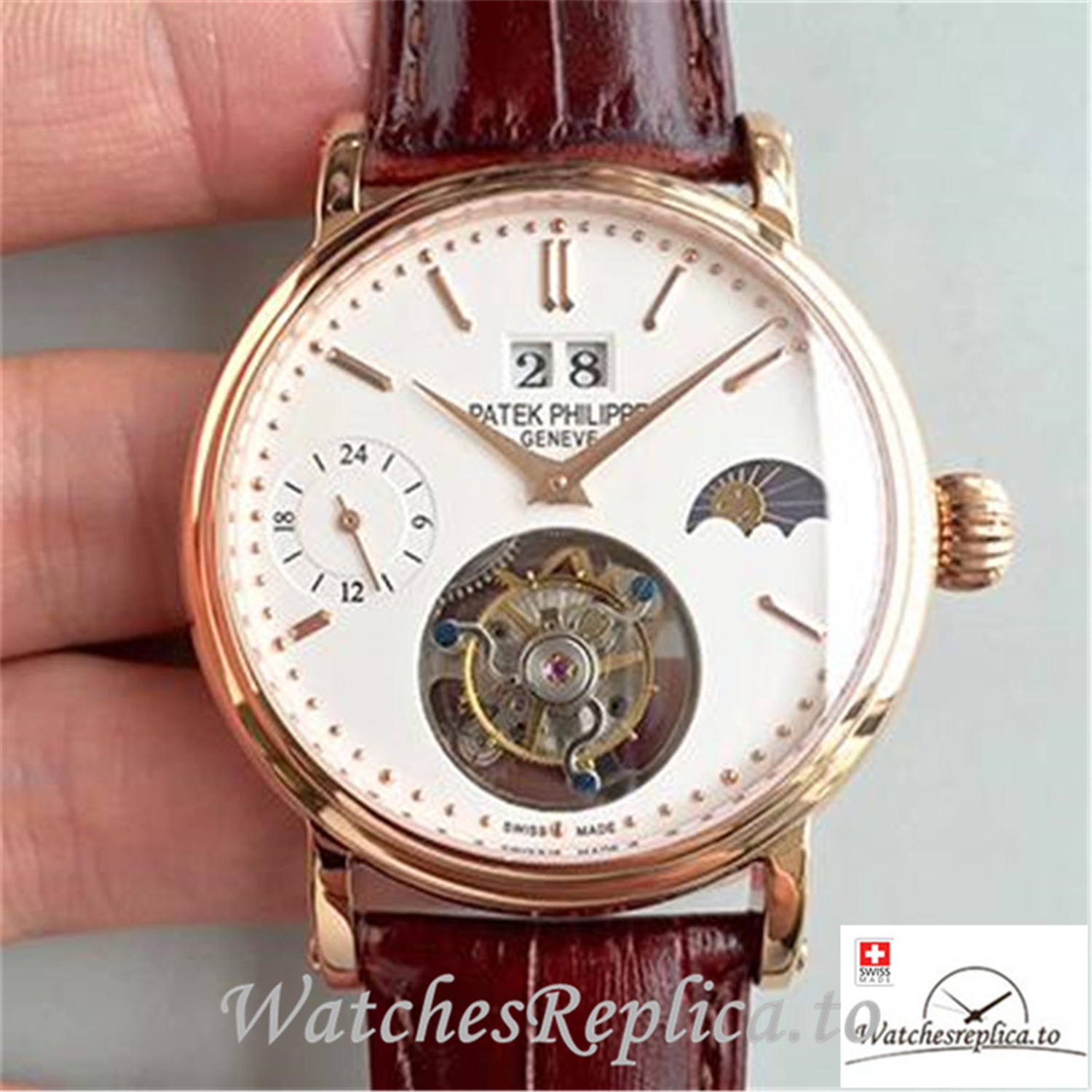 Swiss Patek Philippe Tourbillon Moonphase 24H Power Reserve Replica Brown Strap 42MM - WatchesReplica.is