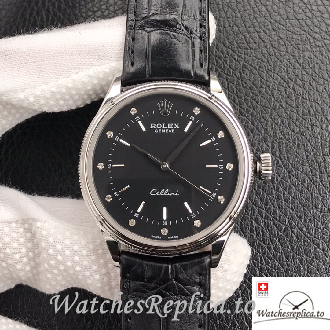 Swiss Rolex Cellini Replica Black Leather strap 39MM Black Dial - WatchesReplica.is