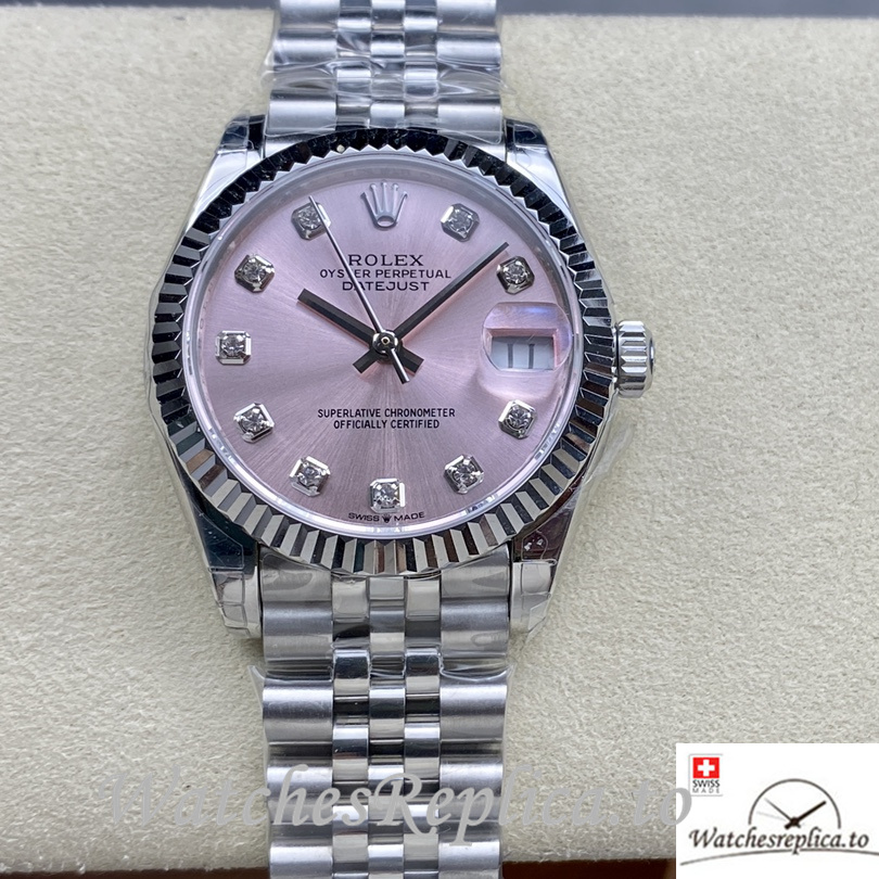 Swiss Rolex Datejust Replica Stainless steel strap 31MM Pink Dial Diamonds Marks - WatchesReplica.is