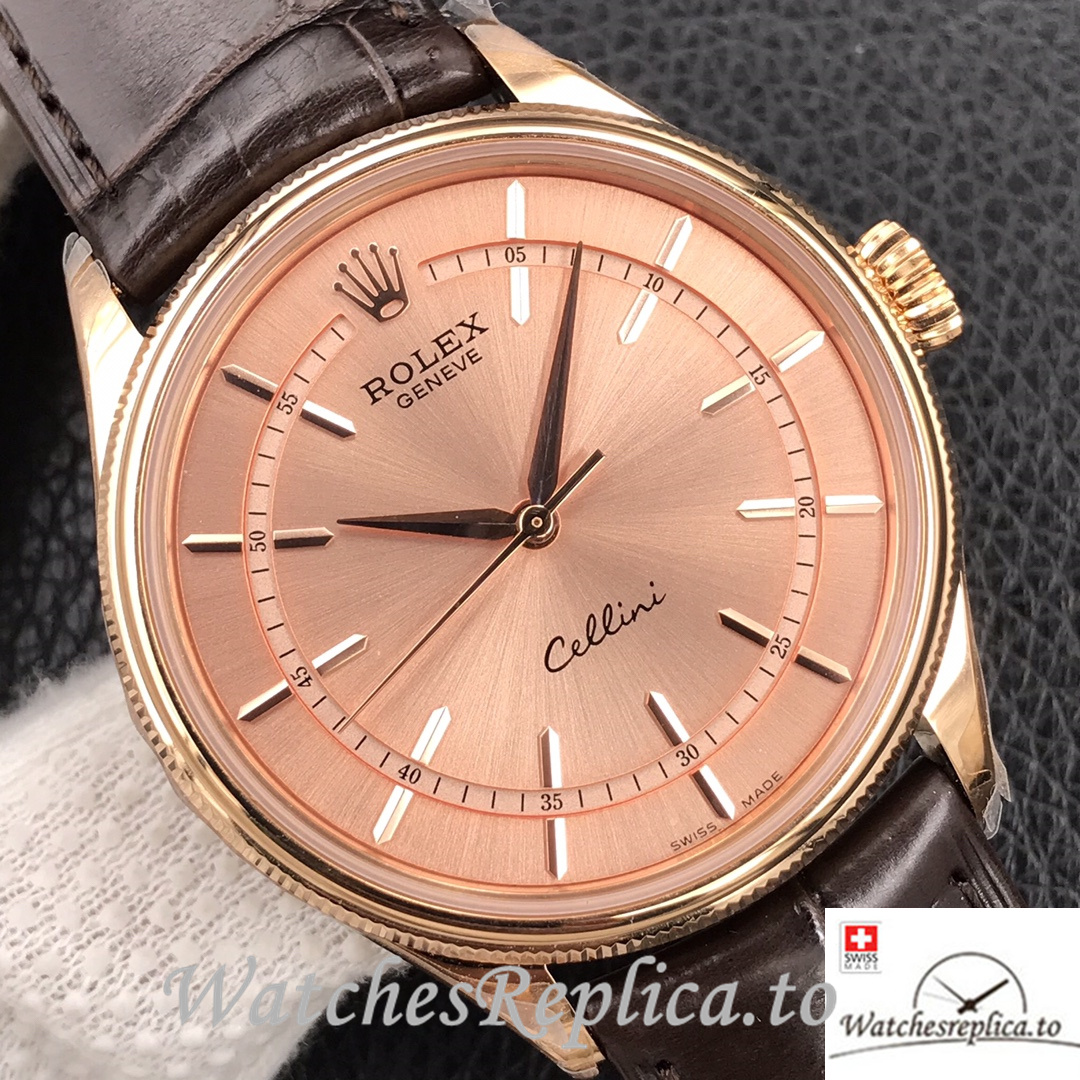 Swiss Rolex Cellini Replica Brown Leather strap 39MM Pink Dial - WatchesReplica.is