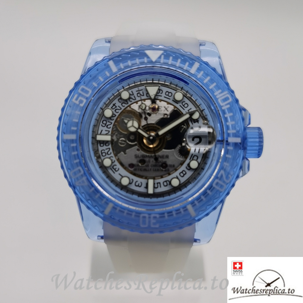 Swiss Rolex Submariner Replica White Rubber strap 40MM Blue Case - WatchesReplica.is