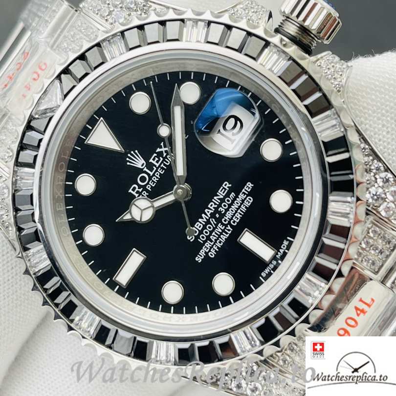 Swiss Rolex Submariner Replica Stainless steel strap 40MM Black Dial Diamonds - WatchesReplica.is