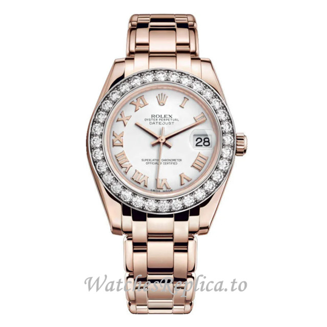 Replica Rolex Pearlmaster m81285-0032 34MM Rose Gold strap Ladies Watch - WatchesReplica.is