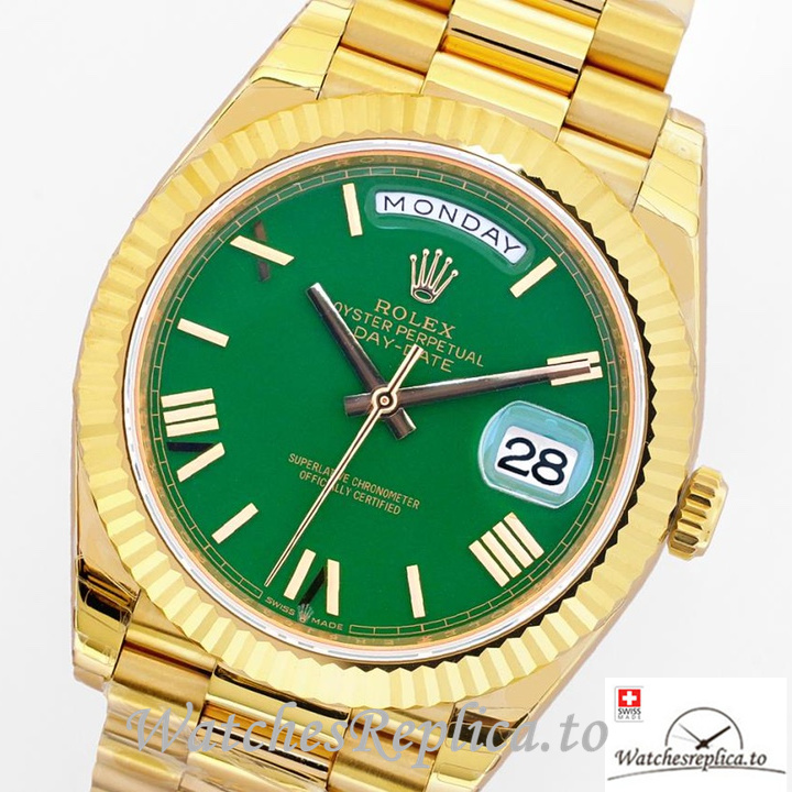 Swiss Rolex Day Date Replica Yellow Gold strap 40MM Green Dial - WatchesReplica.is