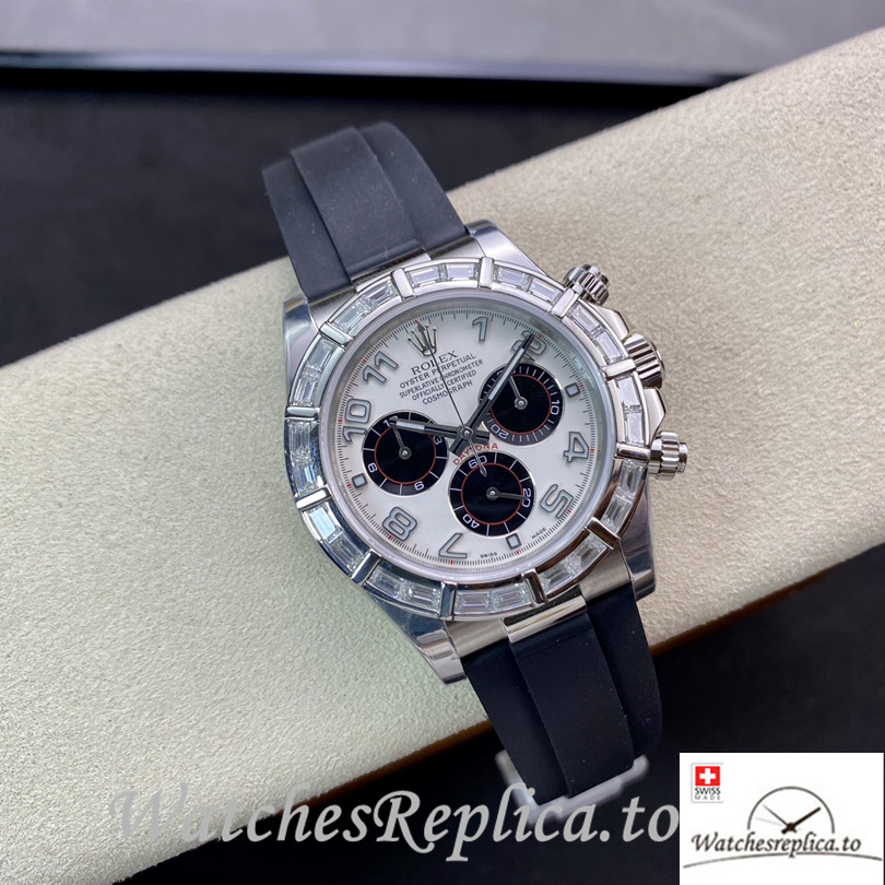Swiss Rolex Daytona Replica Rubber strap 40MM White Dial Diamonds - WatchesReplica.is