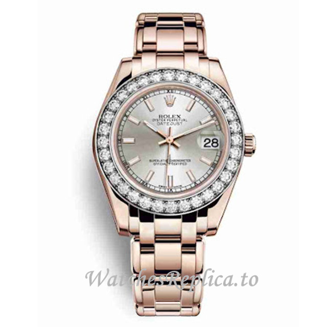 Replica Rolex Pearlmaster m81285-0038 34MM Rose Gold strap Ladies Watch - WatchesReplica.is