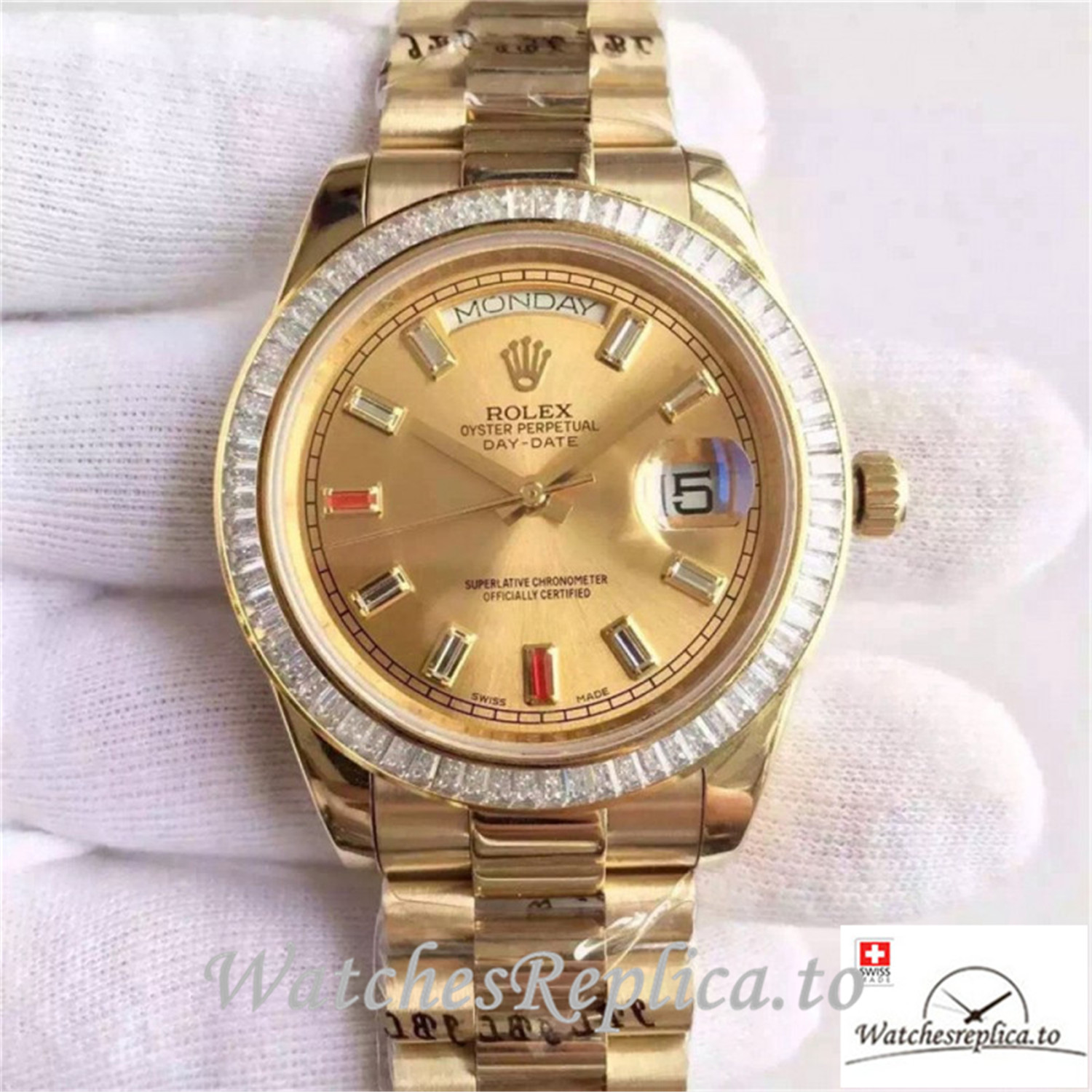 Swiss Rolex Day Date Replica 218238 001 Diamonds Bezel 41MM - WatchesReplica.is