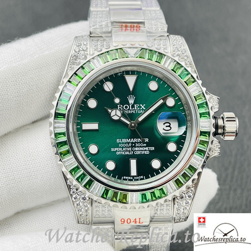 Swiss Rolex Submariner Replica Stainless steel strap 40MM Green Dial Diamonds - WatchesReplica.is