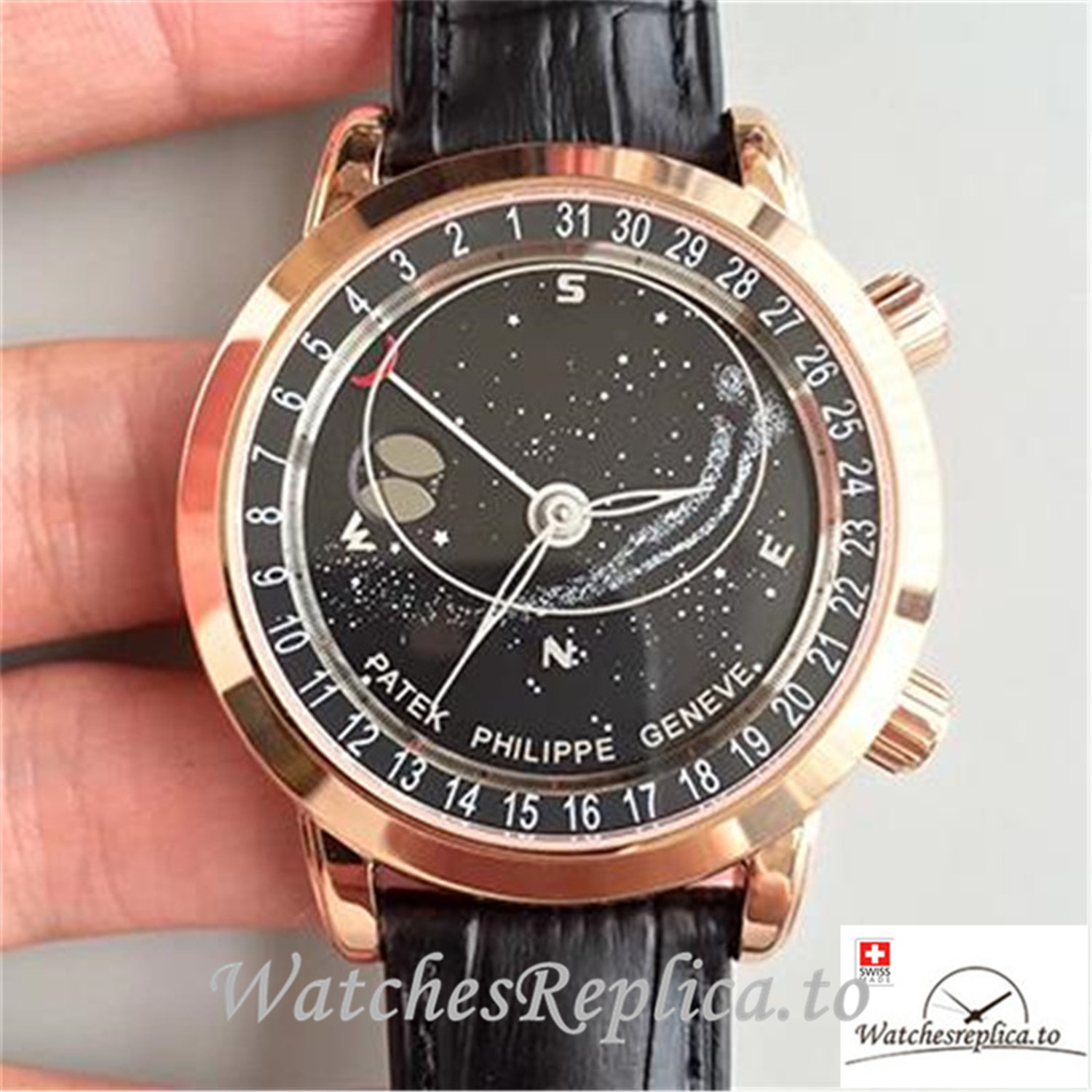 Swiss Patek Philippe Grand Complications Sky Moon Celestial Replica 6102R-001 Black Strap 43MM - WatchesReplica.is