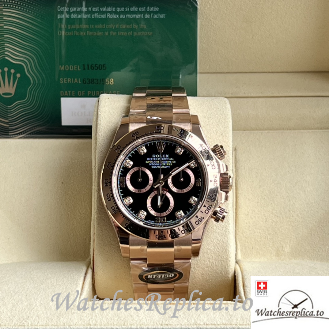 Swiss Rolex Daytona Replica Rose Gold strap 40MM Black Dial Diamonds Marks - WatchesReplica.is