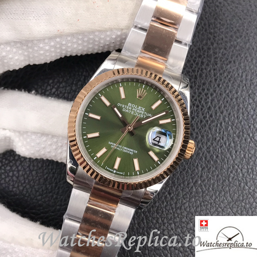 Swiss Rolex Datejust Replica Stainless steel strap 36MM Rose Gold Green Dial Sticks Marks - WatchesReplica.is