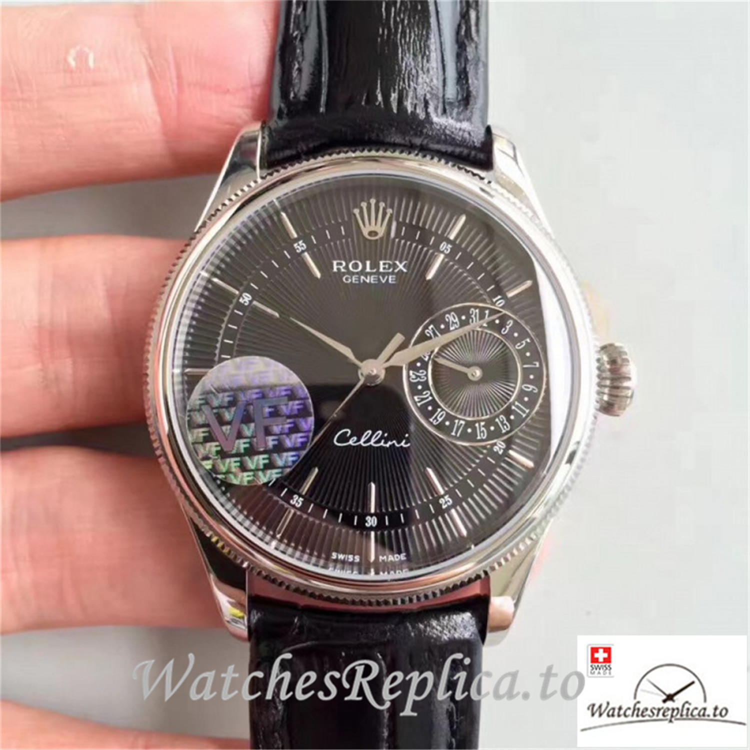Swiss Rolex Cellini Date Replica 50519 Black Leather Strap 39MM - WatchesReplica.is