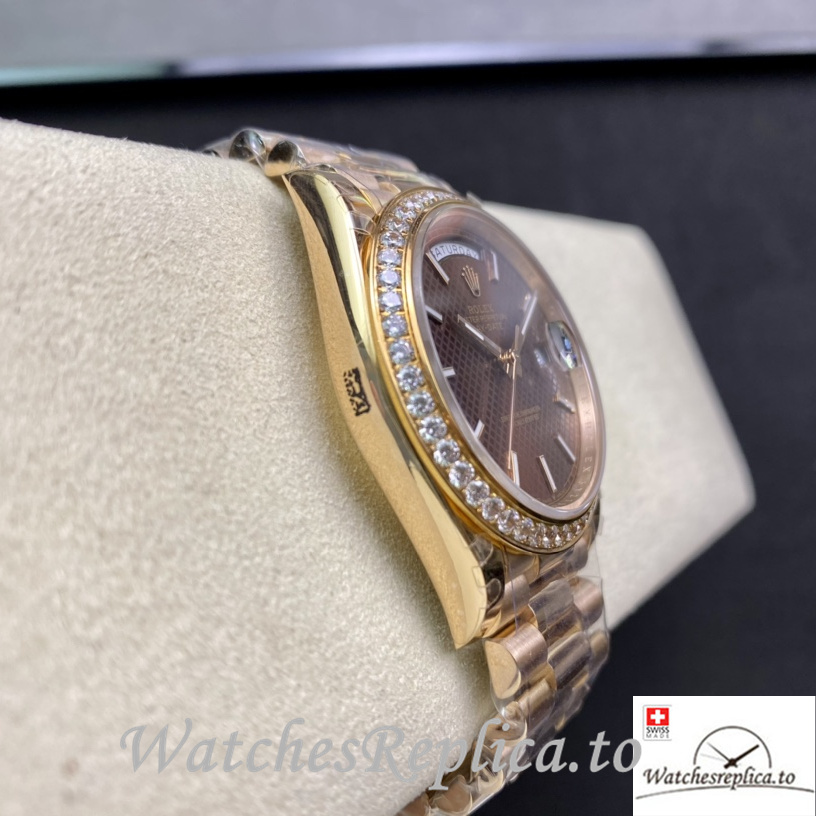 Swiss Rolex Day Date Replica Rose Gold strap 40MM Brown Dial Sticks Marks - WatchesReplica.is