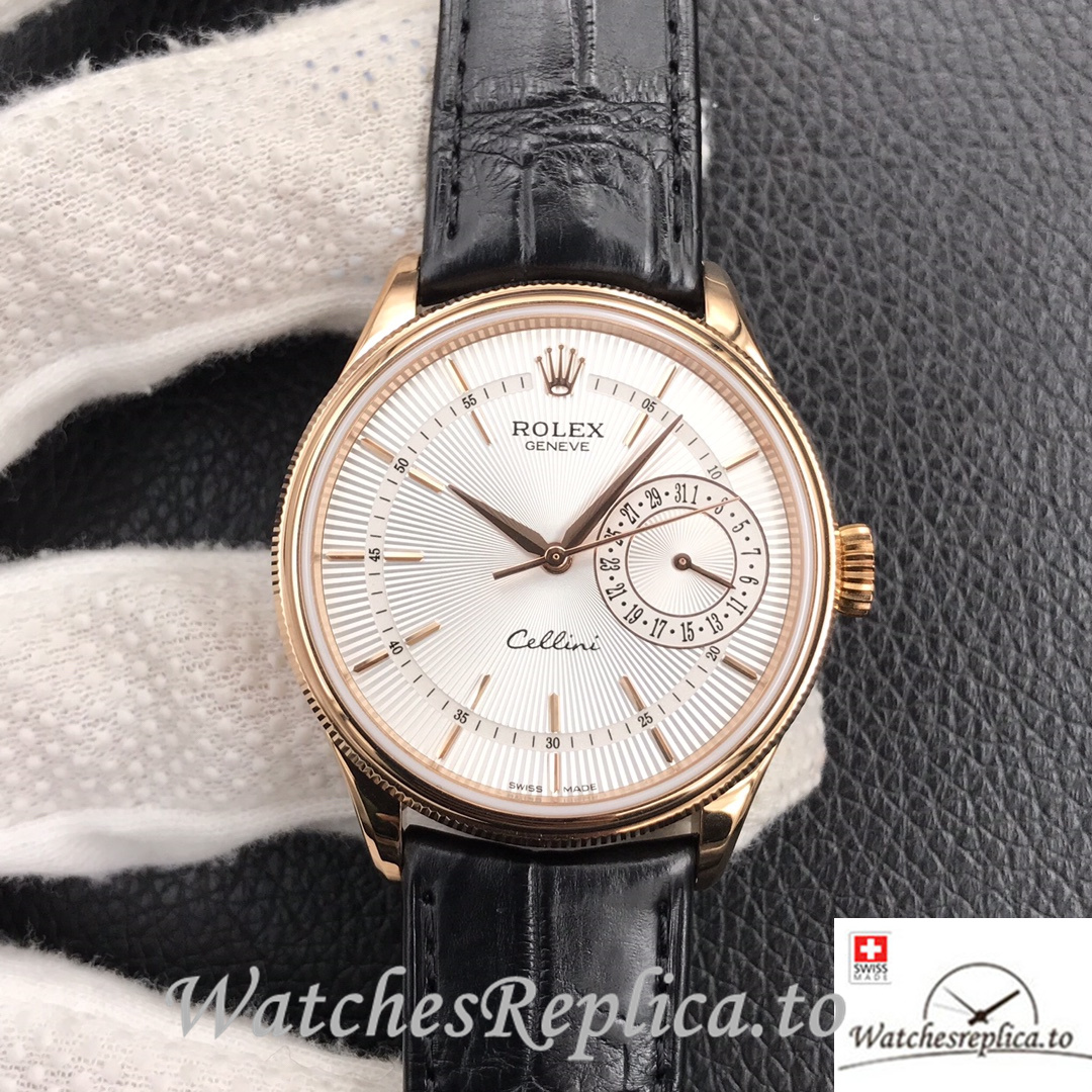 Swiss Rolex Cellini Replica Black Leather strap 39MM Silver Dial Rose Gold - WatchesReplica.is