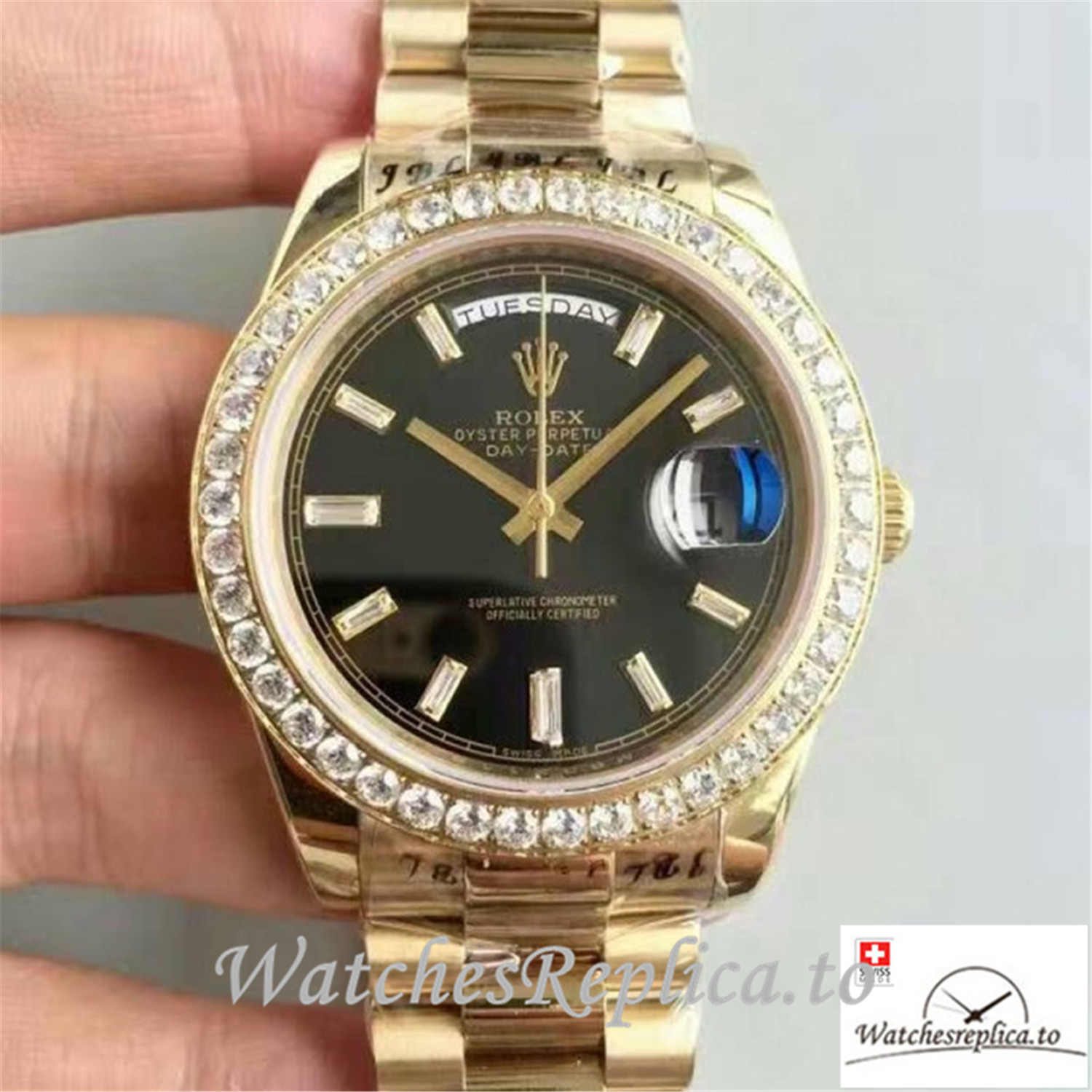 Swiss Rolex Day Date Replica 228398TBR Diamonds Bezel 40MM - WatchesReplica.is