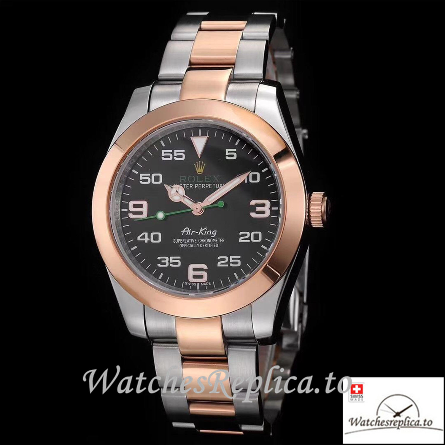 Swiss Rolex Air King Replica 116900 Rose Gold Bezel Black Dial 40MM - WatchesReplica.is