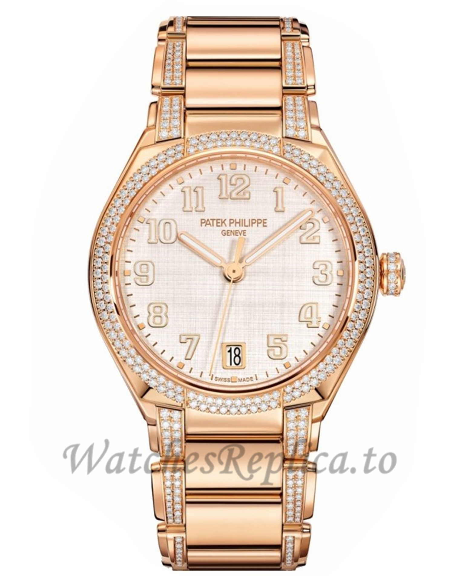 Patek Philippe Replica Twenty 4 Rose Gold Silver Diamond 36MM Watch 73001200R001 - WatchesReplica.is