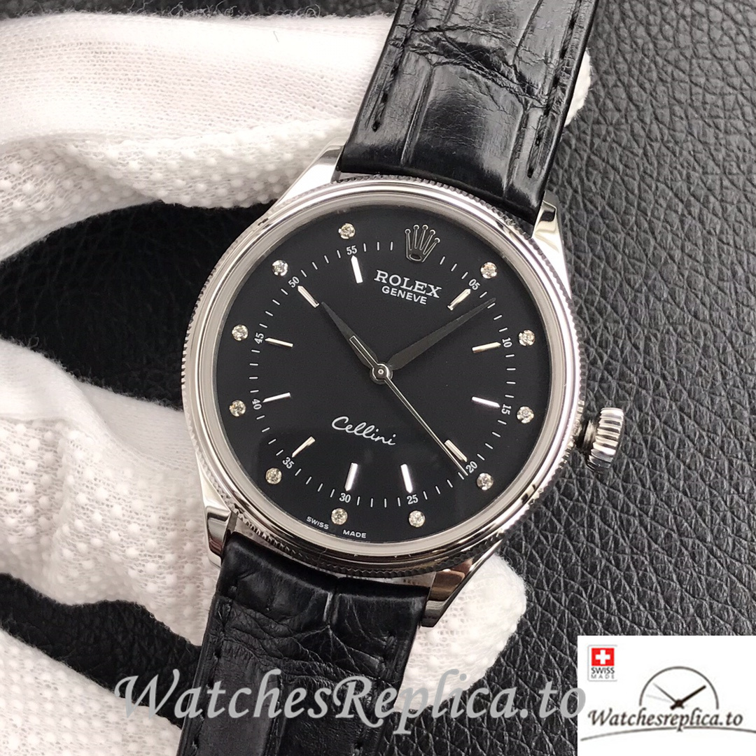 Swiss Rolex Cellini Replica Black Leather strap 39MM Black Dial - WatchesReplica.is