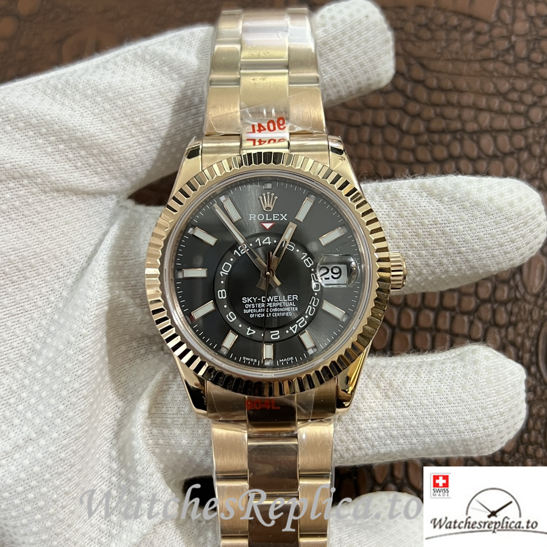 Swiss Rolex Sky Dweller Replica Yellow Gold strap 42MM Black Dial - WatchesReplica.is