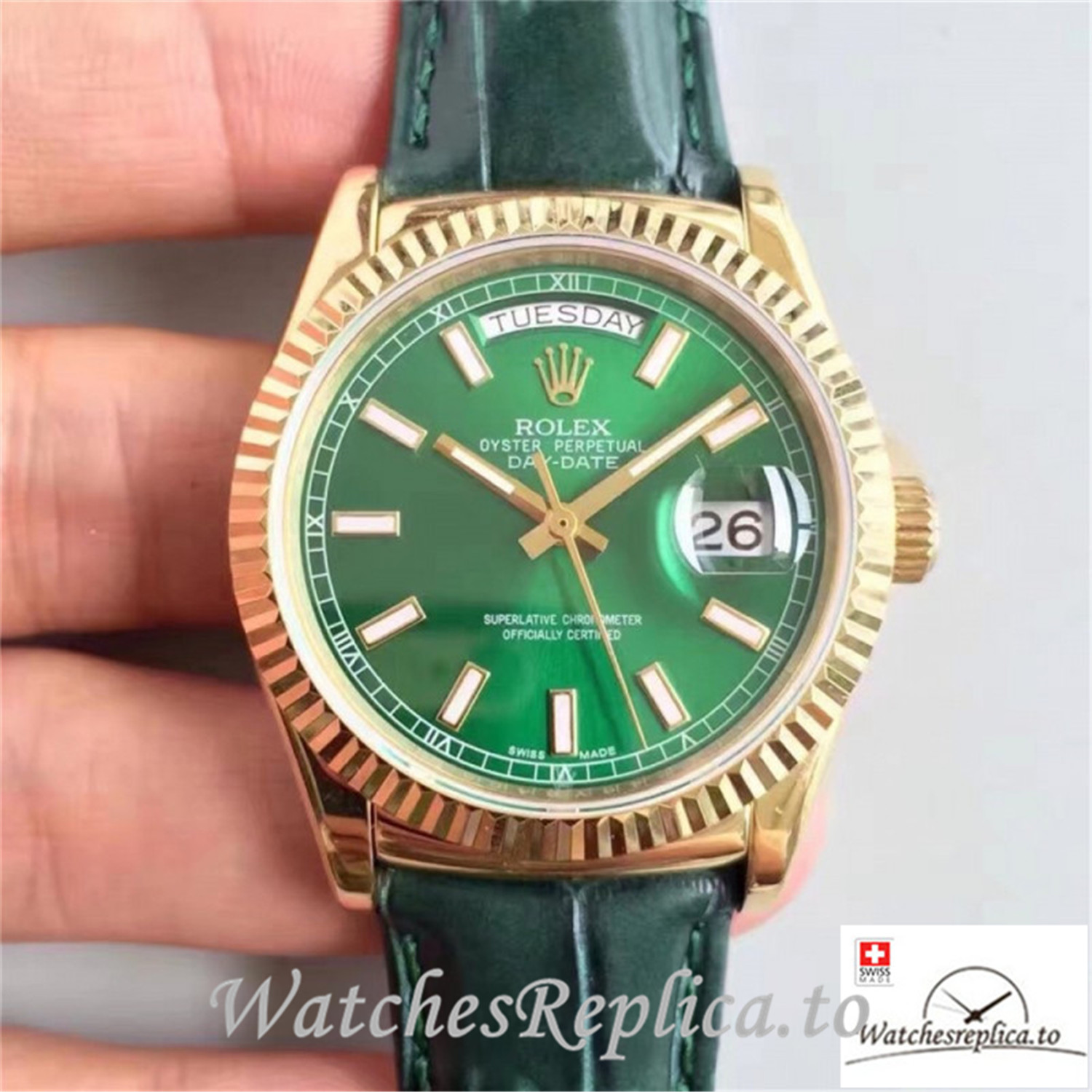 Swiss Rolex Day Date Replica 118138 Green Strap 40MM - WatchesReplica.is