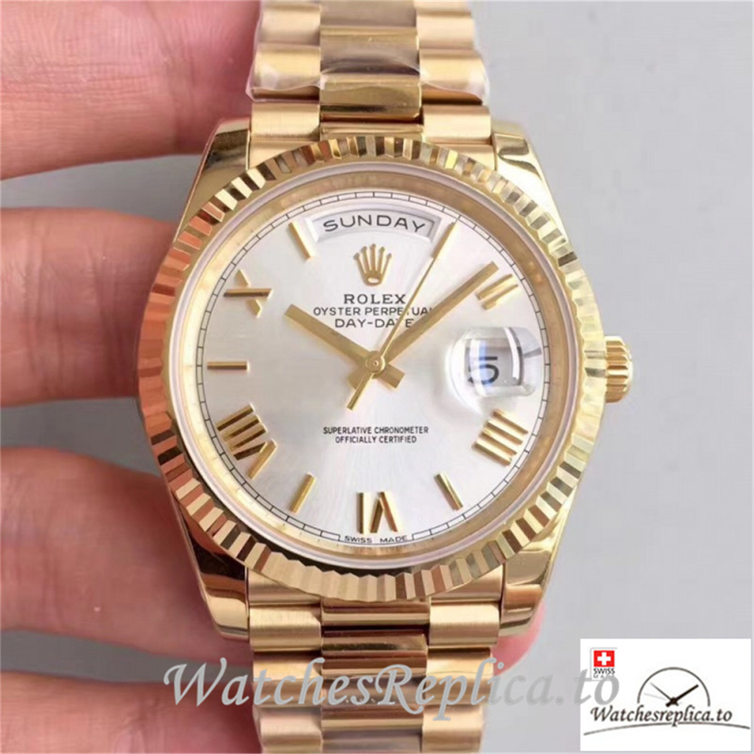 Swiss Rolex Day Date Replica 228238 002 Yellow Gold Strap 40MM - WatchesReplica.is