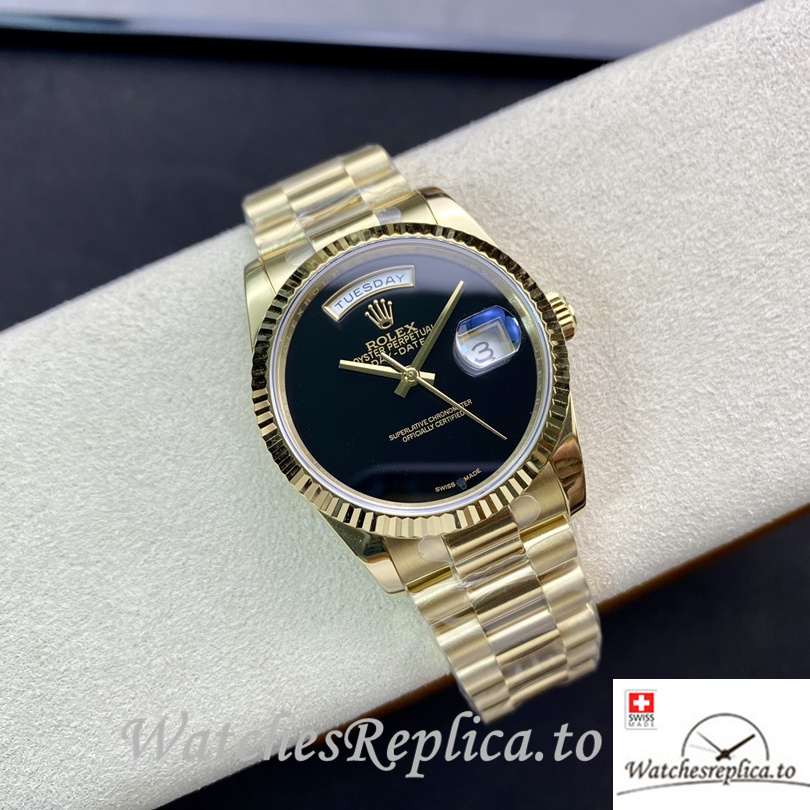 Swiss Rolex Day Date Replica Yellow Gold strap 36MM Black Dial - WatchesReplica.is